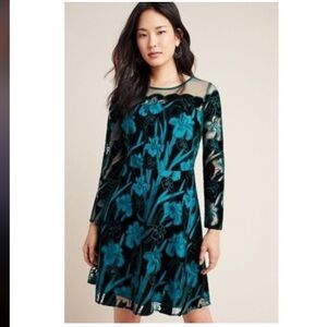 NWT Anthropologie X Eva Franco - Green Velvet Lily Floral Dress - Size 8